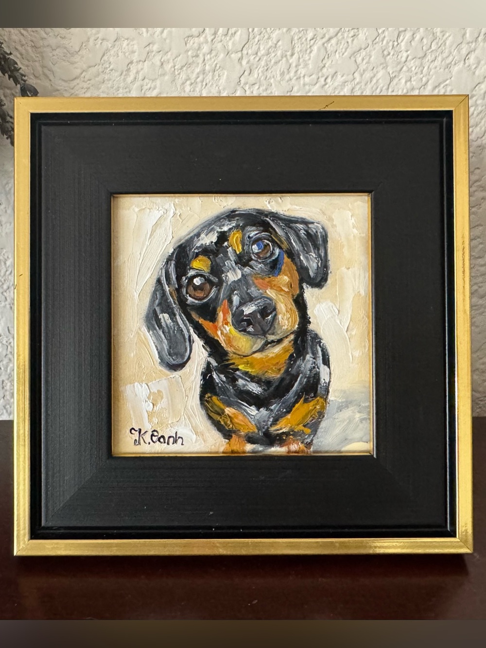 Original oil painting dachshund dog portrait signed framed 4x4